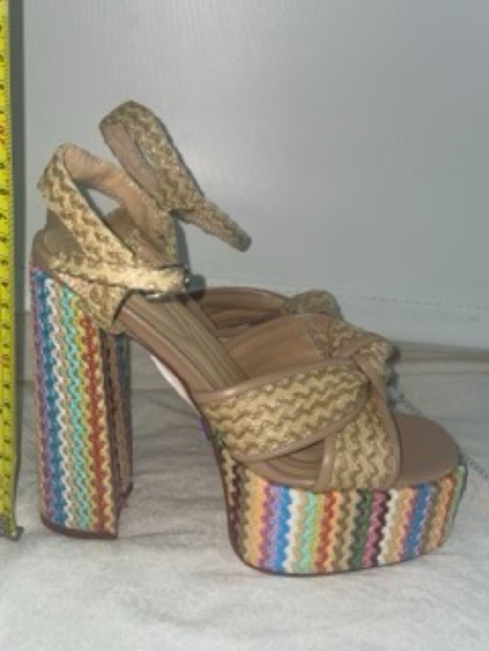 Azalea Wang Flavia Multi Raffia Chevron Platform Sandals Resortwear Rainbow 7.5